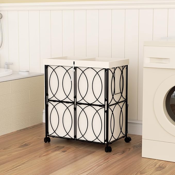 VIPLEO Laundry Hamper with 2 Section, Large 105L Rolling Laundry Basket with Wheels, Metal Heavy Duty Laundry Hamper with Detachable Bags, Dirty Clothes Hamper Organizer for Bedroom, Bathroom(Beige)