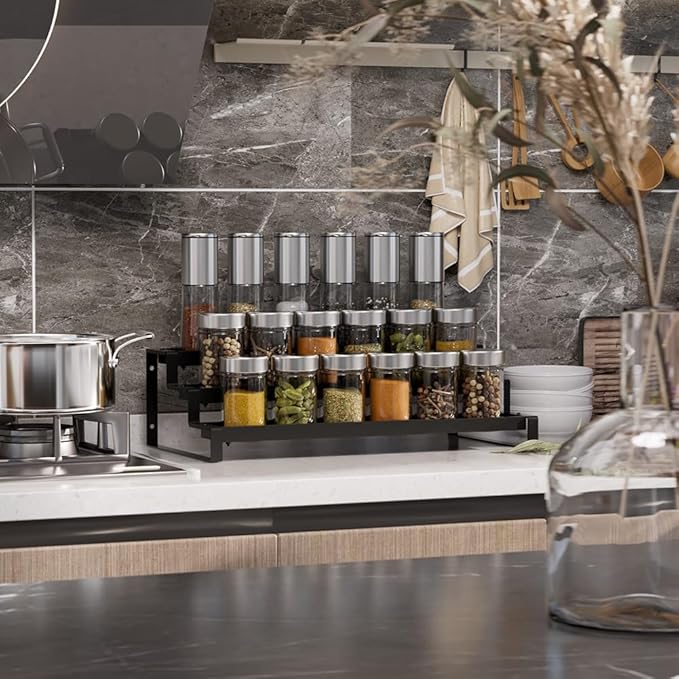 Expandable Kitchen Spice Rack, Three-tier Metal Spice Organizer, Suitable For Kitchen Countertops And Cabinet Wall-mounted Spice Storage Boxes.