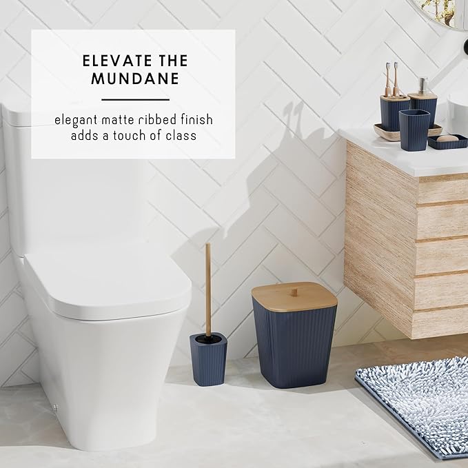 Clara Clark Bathroom Accessories Set - 27PC Bathroom Set with Adhesive Corner Shower Caddy Hanging, Bathroom Sets with Shower Curtain and Rugs, Ombre Navy Shower Curtain Set with Bathroom Trash Can