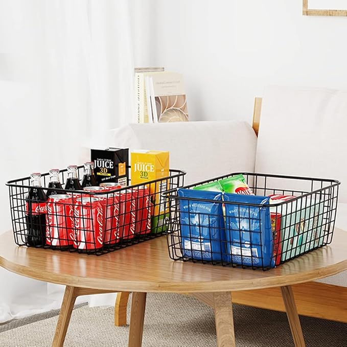 3 Pack Large Wire Baskets for Organizing 14.2'' Metal Wire Baskets with Built-in Handles, Wire Storage Basket Black Metal Freezer Organizer Wire Basket for Pantry, Cabinets, Bathroom