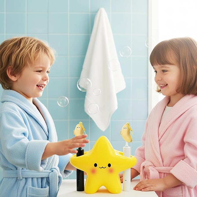 Toothbrush Holder Set for Bathroom - Cute Toothpaste Stand with 2 Tooth Brush Head Cover Cap Travel Case - Bathroom Decor Organizer Countertop Accessories Storage
