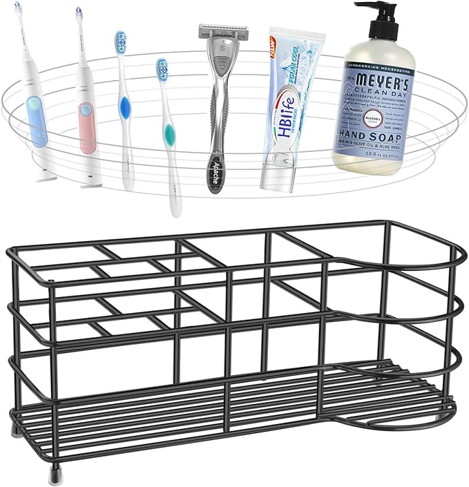HBlife 7 Slots Toothbrush Holder, X-Large Stainless Steel Bathroom Decor, Black Electric Toothbrush Holder for Bathroom, Bathroom Counter Organizer for Small Spaces