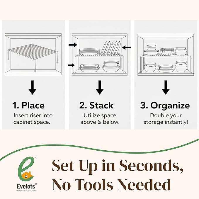 Evelots Kitchen Cabinet Wire Shelf Organizer/Rack - 6 Pack Sturdy Metal Shelf Risers - Double Your Counter Space - Great for Kitchen, Freezer, Pantry and Bathroom - Rustproof - White