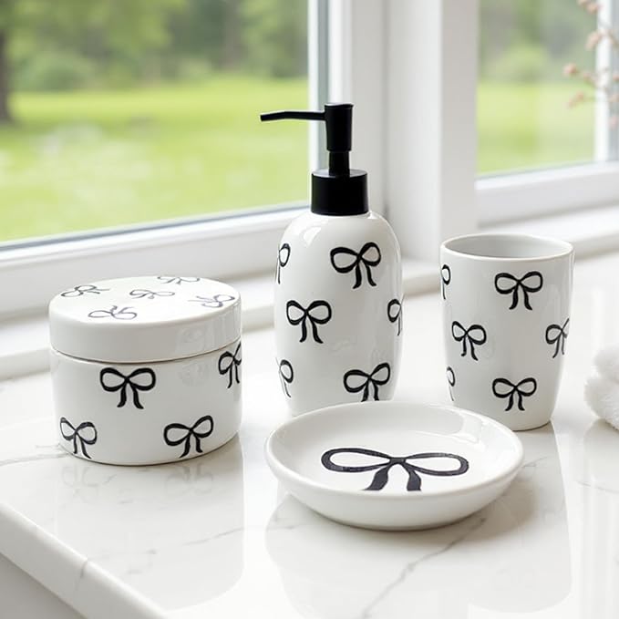 Pink Bathroom Set, 4 Pcs Ceramic Bathroom Accessory Sets - Soap Dispenser, Tumbler Toothbrush Holder, Vanity Soap Tray, Cotton Swab Jars - Pink Bathroom Decor Gift for Her (Black)