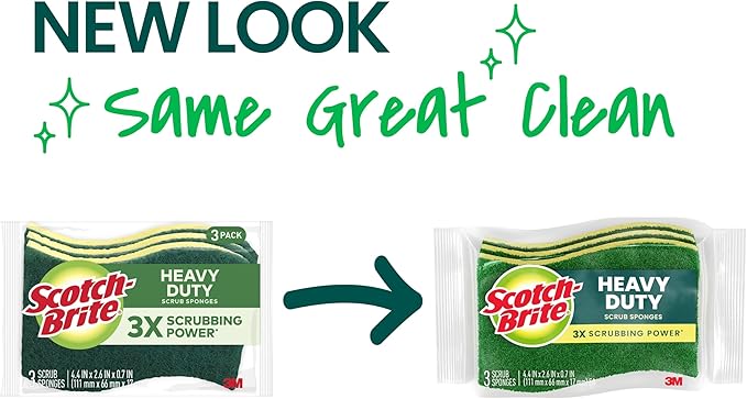 Scotch-Brite Heavy Duty Scrub Sponge, 12 Kitchen Sponges, Designed for Tough Messes in the Kitchen, Lasts 3X Longer*, Best for Cast Iron Skillets, Outdoor Grills, Flexible, Durable & Strong