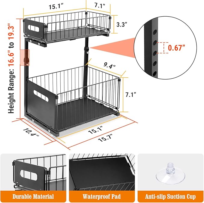 Under Sink Organizers and Storage, 2-Tier Pull Out Cabinet Organizer, Slide Sink Steel Shelf Cabinet Storage Shelves, Height Adjustable Under Sink Storage for Kitchen Bathroom, 2 Pack