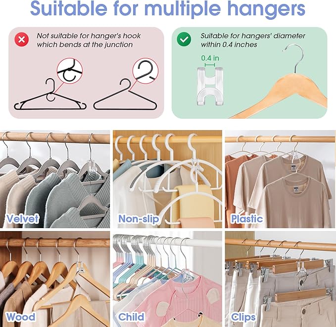 100Pcs Clothes Hanger Connector Hooks, Plastic Space Saving Heavy Duty Hanger Extender Clips for Closet Organizers, Clear