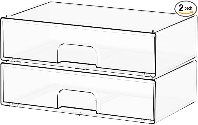 Yieach 12.1''W Clear Stackable Storage Drawers,2 Pack Acrylic Drawer Organizer for Hair Accessories,Makeup Organizers,Plastic Organizer Bins for Vanity,Bathroom,Cabinet,Desktop,Office Supply Organizer