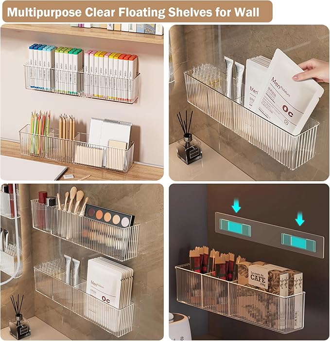 2Pack Floating Bathroom Shelves,Wall Mount Organizer,Long Narrow Clear Cabinet Door Organizer, Acrylic Shelves for Wall,No Drilling, Come With Self Adhesive Tape, for Kitchen, Office Desk
