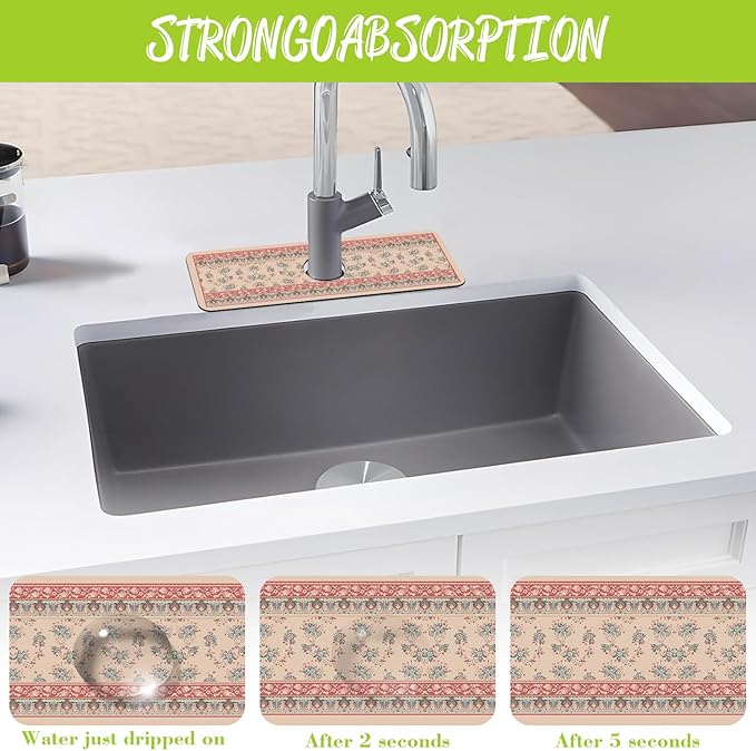 Sink Splash Guard Faucet Mat Retro Boho Flowers Absorbent Fast Drying Mat Sink Gadgets Splash Guard Behind Faucet Drip Catcher for Kitchen Bathroom 15.5"X5.5"