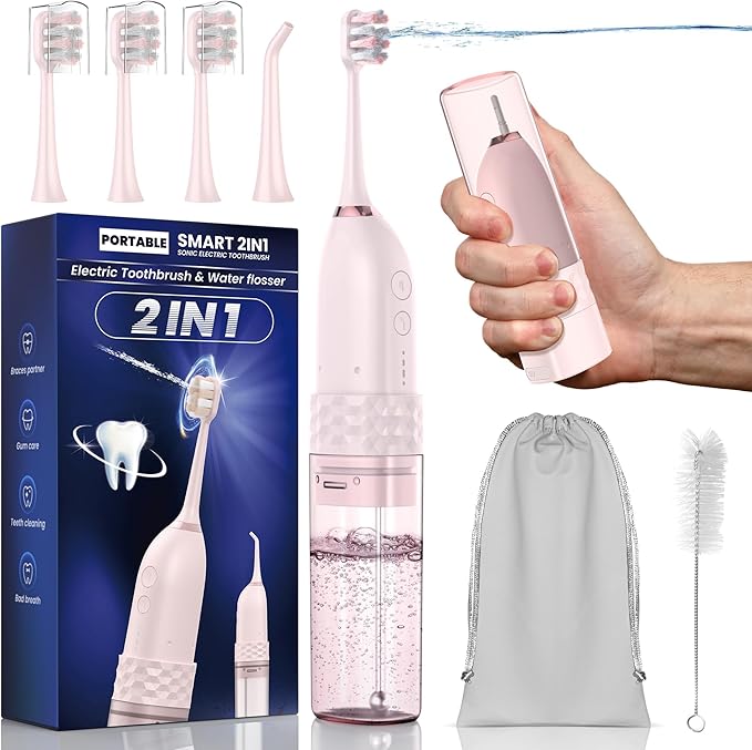 Electric Toothbrush with Water flosser, 2 in 1 Teeth Cleaning Kit, Toothbrush and Water flosser Combo, 25-Day Battery, Travel Toothbrush with Water Bottle(Pink)
