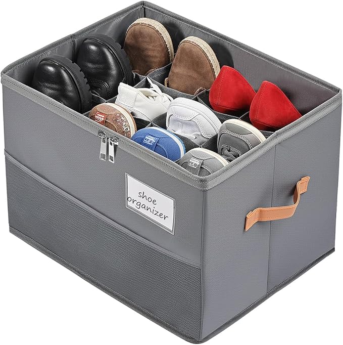 Shoe Organizer for Closet, Foldable Shoe Box Storage Containers with Clear Cover, Smooth Zipper, Reinforced Handles and Bottom Support, Space Saving Shoes Holder, Gray (1, Small)