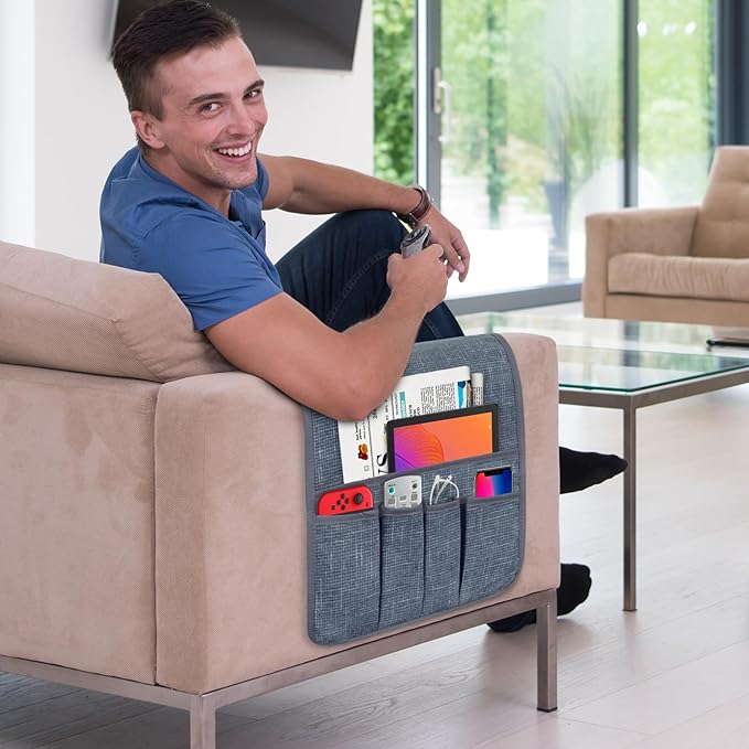 WETRBWEH Couch Armrest Remote Control Holder, Couch Caddy Gifts for Seniors Bed Caddy Tv Remote Holder with 5 Pockets for Key Glasses Phone Magazine Holders