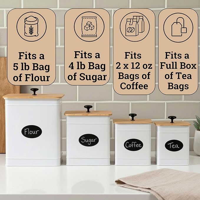 Kitchen Canisters for Countertop Set of 4 with Customizable Chalkboard Labels & Marker Pen - Big Iron Kitchen Canisters with Airtight Lids - Canisters Sets for the Kitchen - White Kitchen Canister Set
