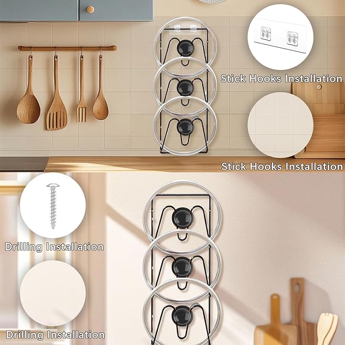 2 Pack Pot Lid Organizer, 6-Tier Pots & Pans Lid Holder Organizer for Cabinet or Wall/Door Kitchen Storage, No-Drill Adhesive Mount, Space-Saving Solution