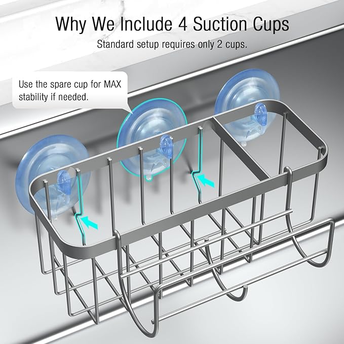 3-in-1 Kitchen Sink Caddy Organizer with Sponge Holder, Brush Holder, Extra Rack for Scrubber, Sink Stopper, Dish Cloth Hanger - Strong Dual Suction Cup, 2.0mm SUS304 Stainless Steel - Silver