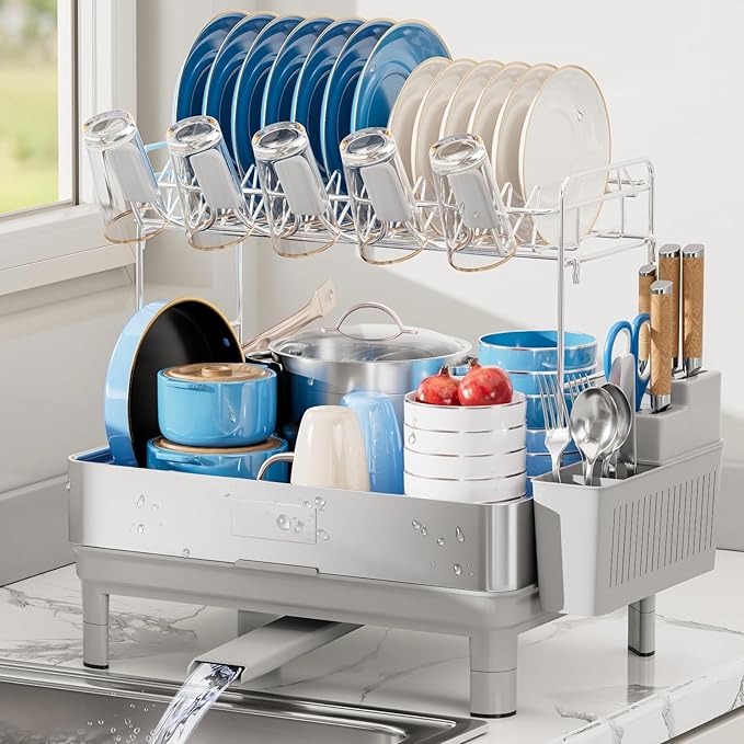 Dish Drying Rack, 2 Tier Large Dish Rack, Stainless Steel Dish Drainer for Kitchen Counter, Dishes Rack with Automatic Drainage, Utensil Holder&Cups Holder,Space Saving Kitchen Organizer,Gray