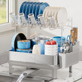Dish Drying Rack, 2 Tier Large Dish Rack, Stainless Steel Dish Drainer for Kitchen Counter, Dishes Rack with Automatic Drainage, Utensil Holder&Cups Holder,Space Saving Kitchen Organizer,Gray