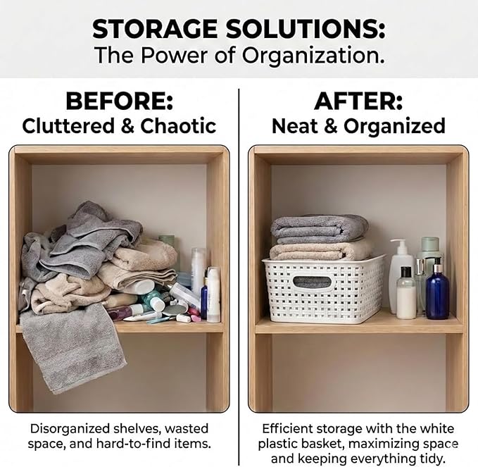 8 Pack White Storage Baskets, Plastic Woven Organizer Baskets, Stackable Shelf Baskets for Closet, Pantry & Bathroom