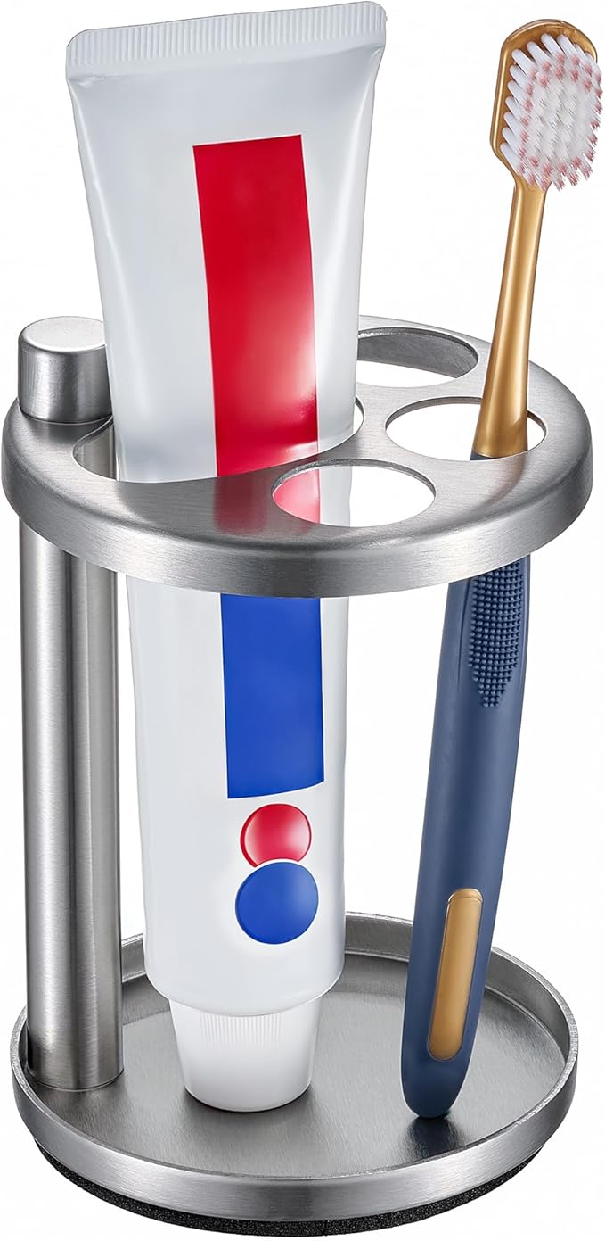 Toothbrush & Toothpaste Holder for Bathroom Countertop, Metal Electric Toothbrush Stand with Razor Slot, Ideal Design Caddy for Kids & Family, Brushed Silver