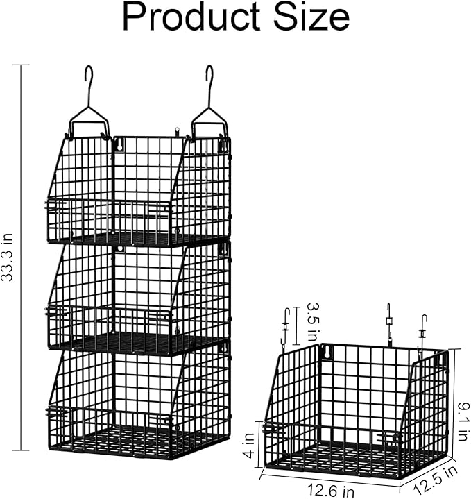 Larger & Deeper Hanging Storage Basket, Closet Organizers and Storage, Hanging Shelves Wire Baskets for Clothing Sweaters Purse Handbags Shoes Black 3 Tier