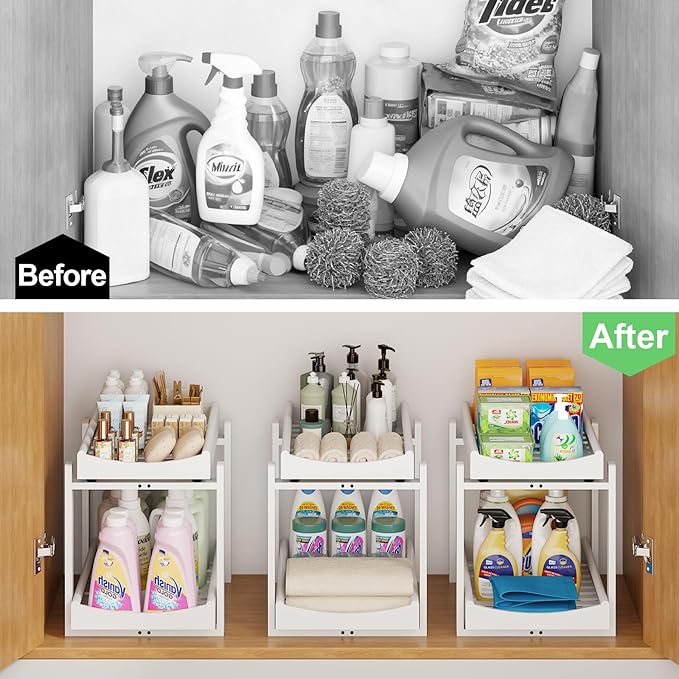 Bamboo Under Sink Organizer and Storage, 1 Pack Pull Out Cabinet Organization, 2 Tier Vertical Slide Out Undersink Storage Shelf, Multi-Purpose Organizer Shelves for Kitchen Bathroom Medicine, White