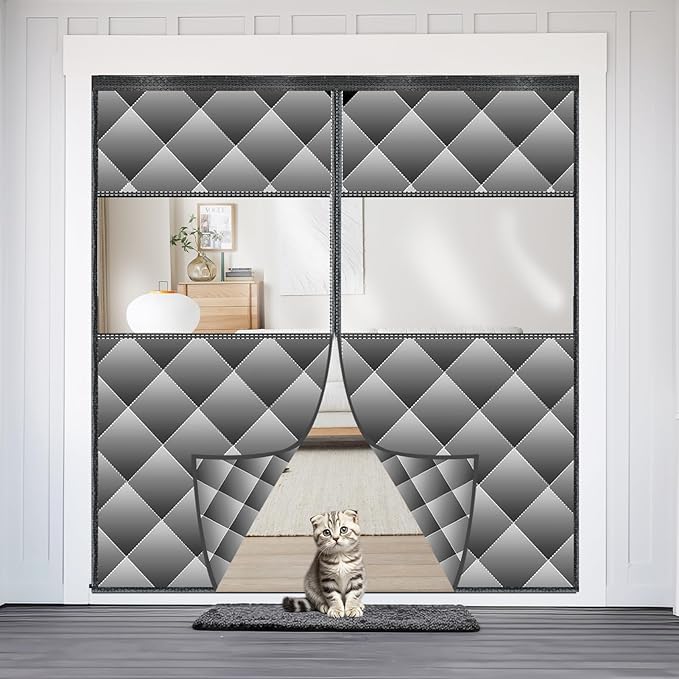 Magnetic Thermal Insulated Door Curtain with Detachable Visible Windows, Thicken Polyester Fiberfill & Durable Oxford Fabric, Hands Free Windproof Door Screen, Fit Doors Size Up to 72 x 80 Inch, Grey