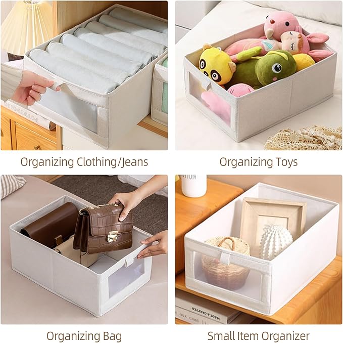 Linen Closet Organizers And Storage, 6 Pack Closet Storage Bins Linen Closet Baskets for Closet Organization Foldable Closet Organizer Bins with Clear Window For Organizing Clothing, Jeans, Shelves