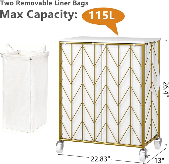 WOWLIVE Laundry Basket with Wheels, Heavy Duty Laundry Hamper with Wood Lid, Clothes Hamper with Divided Removable Liner Bag, Large Capacity Iron-Made Laundry Sorter Laundry Room Organization (Golden)