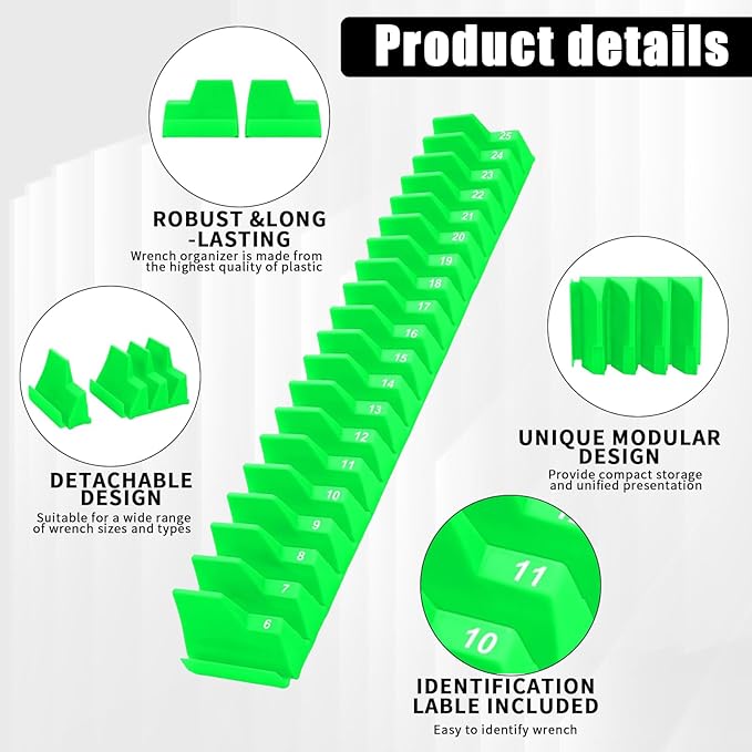 80 Pcs Modular Wrench Organizer Holder Set with Metric & SAE Labels, Wrench Rack for Toolbox Drawer Storage, Includes 9-Grid Clear Parts Box (Green)