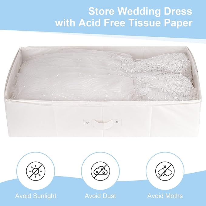 Wedding Dress Storage Box Kit with 20 Sheets of Acid Free Tissue Paper,Dust-proof Shoe Bag,Dust-free White Gloves ,Breathable Foldable Heirloom Wedding Gown Preservation Box - Bride Musthaves Beige
