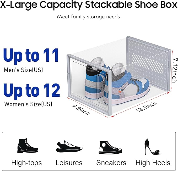 eWonLife Large Shoe Organizer Storage Box with Magnetic Door,12 Pack Clear Plastic Stackable Sneaker Containers for Closet, Connect Left and Right Shoe Box for Entryway, Drop Front, Under Bed (Grey)