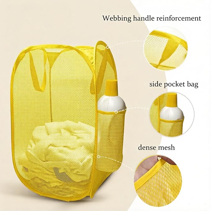 The upgraded pop-up laundry basket features a breathable side pocket mesh design, making it ideal for rooms, apartments, dormitories, travel, business trips, and children's storage (1,yellow)