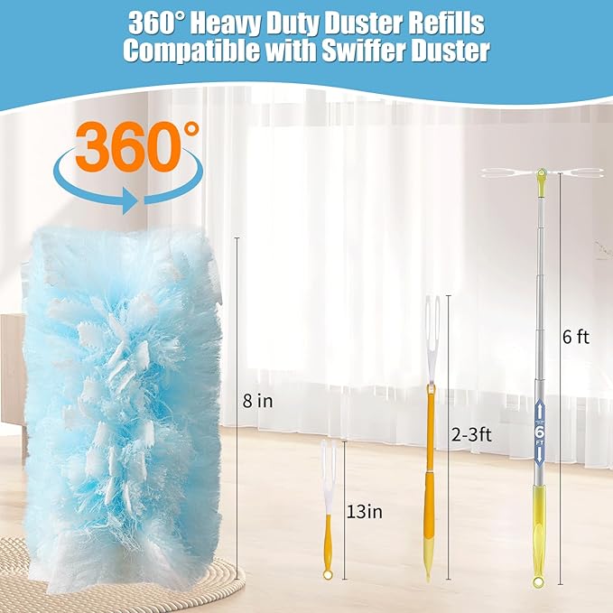 40 Count 360° Heavy Duty Duster Refills Compatible with Swiffer, Large Size-Extra Thick Disposable Electrostatic Duster Refill with 1 Short Handle for Furniture, Blinds, Ceiling Fans
