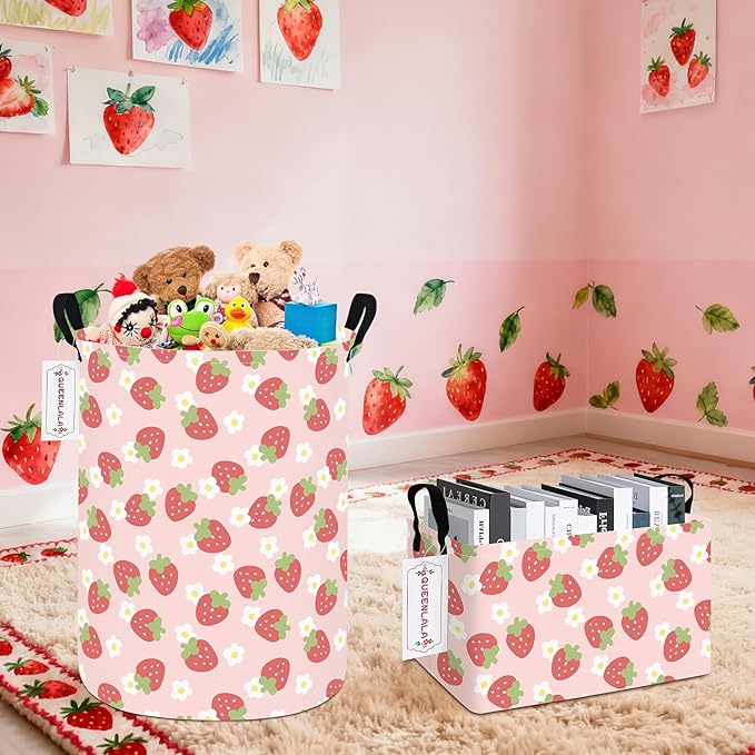 QUEENLALA Rectangular Laundry Hamper/Foldable Nursery Laundry Basket for Organizing/Storage Bin Baskets/Children Toy Office Bedroom/Toy Bin Closet Shelf Baskets（Rec-Pink Strawberry）