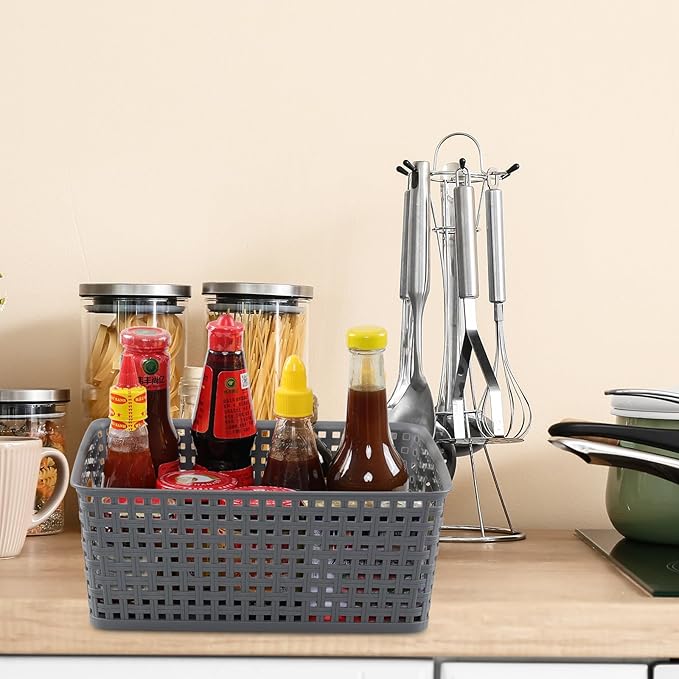 Readsky Plastic Woven Storage Basket with Handle, Gray, 4 Packs