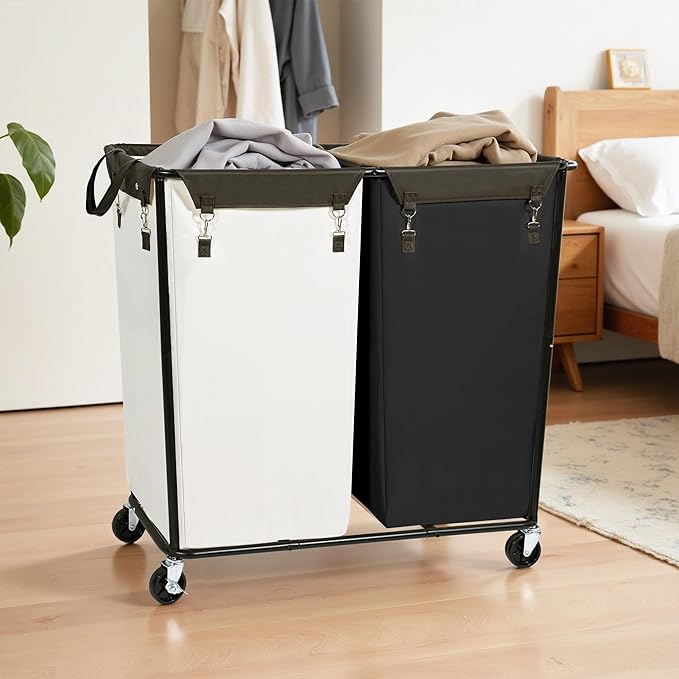 STO STO 280L Rolling Industrial Laundry Hamper with Wheels, 2-Compartment Extra Large Laundry Sorter, Heavy Duty Dirty Clothes Basket Cart with Metal Frame for Home or Commercial Use, Beige/Black