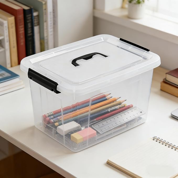 Yesdate Plastic Storage Bins with Lids, 6 Pack Storage Organizer, 10 L Stackable Storage Bins with Buckle-Up Latches and Handle, Storage Totes for Home Office Pantry Organization, Clear