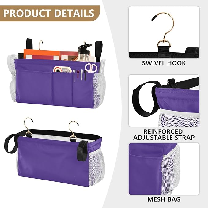 KOPIRIT Dark Purple Bedside Caddy Storage Bag Bedside Organizer for Bunk Bed Headboards College Bedside Shelf Hanging Organizer 6 Pockets with Hooks for Magazine Water Bottle Holder