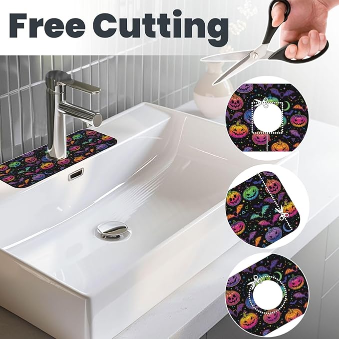 Halloween Pumpkin Bat Pumpkins Bats Kitchen Sink Splash Guard Faucet Mat Super Absorbent Fast Drying Mat Sink Gadgets-Fast Drying Pad Sink Mat For Kitchen Bathroom (15" X 5.5" )