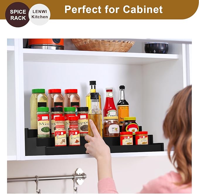 Spice Rack Organizer for Cabinet 2 Pack, 3 Tier Expandable Bamboo Spice Storage for Kitchen Cupboard Pantry, Black
