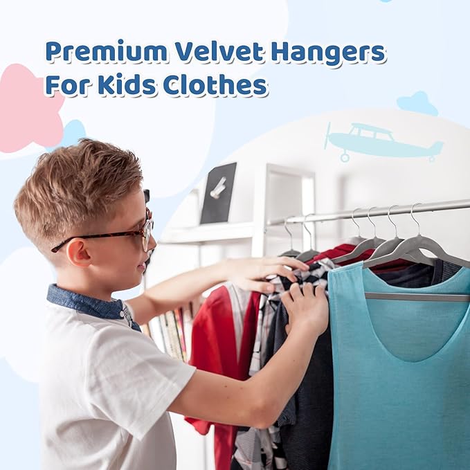 Smartor Premium 14 Inch Kids Hangers 50 Pack, Grey Baby Velvet Hanger, Non Slip, Space Saving Felt Hangers Clothes Organizers for Closet with 360° Swivel Hook for Children, Toddler & Teens