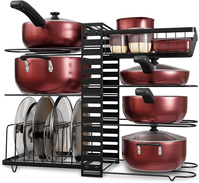 7-Tier Pots and Pans Organizer Under Cabinet - Cooking Pot Lid Organizer for Cabinet with Basket for Utensils, Lid Rack - Adjustable Vertical Holder Cookware Storage, Steel Pot Rack for Kitchen