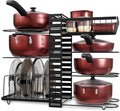 7-Tier Pots and Pans Organizer Under Cabinet - Cooking Pot Lid Organizer for Cabinet with Basket for Utensils, Lid Rack - Adjustable Vertical Holder Cookware Storage, Steel Pot Rack for Kitchen