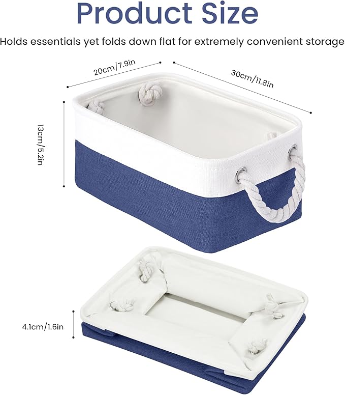 Storage Baskets for Shelves 11.8x7.9x5.2 Inch, Foldable Fabric Storage Bins with Handles, Small Storage Baskets for Organizing Closet, Office, Home Organization (1-Pack, White&Blue)