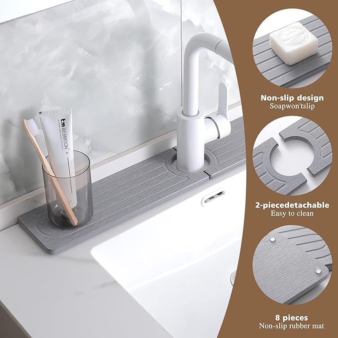 Faucet Mat for Kitchen Sink,Diatomite Fast Drying Stone Sink Tray,Faucet Splash Guard for Bathroom Counter [23.6"x4"],Super Absorbent, Prevents Moisture Buildup
