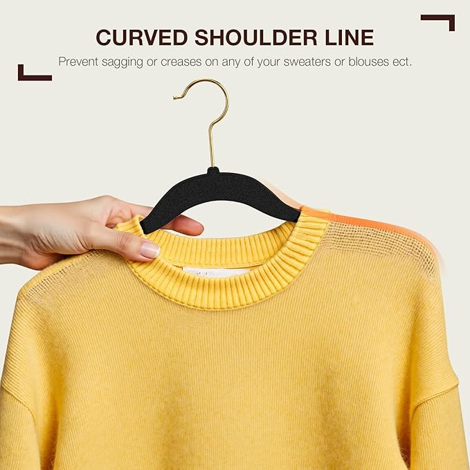 Korpai 50 Pack Black Velvet Hangers,Coat Hanger Non Slip,Heavy-Duty,Space Saving,Slim Clothes Hangers for Pants,Outfit,Skirts,Suits,Coats,Dresses ect.Felt Hangers with Gold 360°Swivel Hook