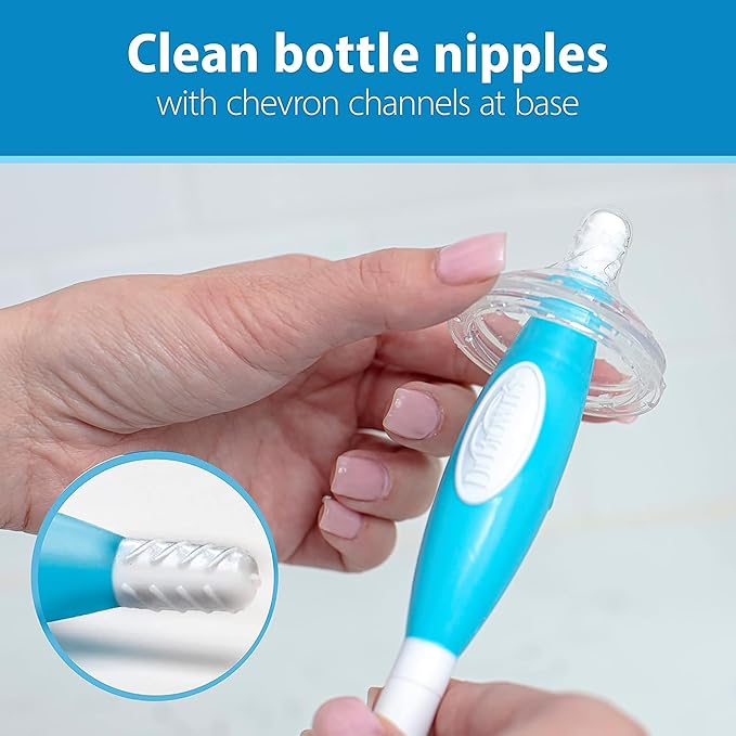 Dr. Brown's Reusable Sponge Baby Bottle Cleaning Brush Set with Suction Cup Stand, Scrubber and Nipple Cleaner, Blue 3-Pack