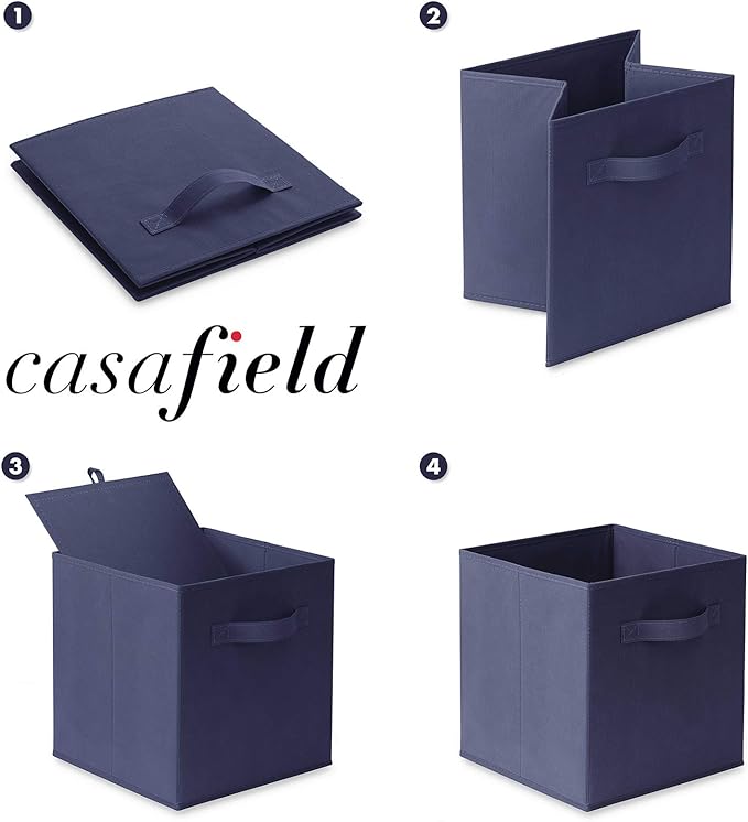 Casafield Set of 6 Collapsible Fabric Cube Storage Bins, Navy Blue - 11" Foldable Cloth Baskets for Shelves, Cubby Organizers & More