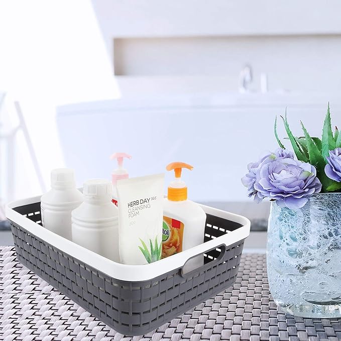 CertBuy 3 Pack Plastic Storage Baskets 14 x 10 x 4.5 Inch, Large Weave Storage Bins with Handle for Cabinet, Shelf, Kitchen, Bedroom, Bathroom and office – Dark Grey